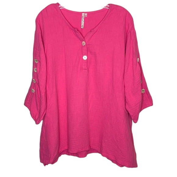 Lulu-B Tops - Lulu B Cotton Gauze Popover Top Hot Pink Shell Buttons Curved Hem Plus Size 1X